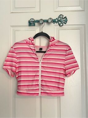 SHEIN Pink and White Striped Cropped Zip Hoodie